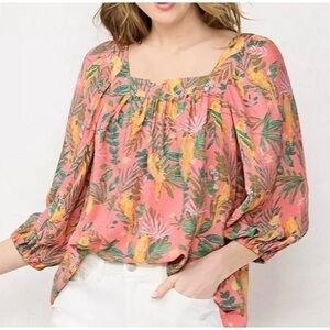 LC Lauren Conrad square neck peasant top floral bird print coral pink L